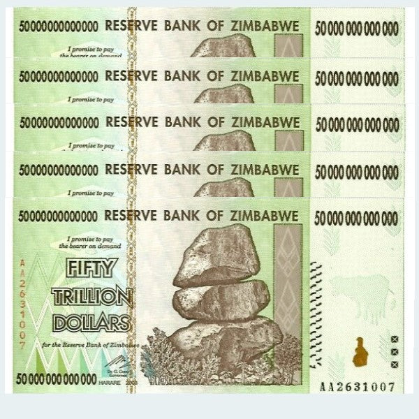 50 Trillion Zimbabwe Dollar Bills - 5 pack