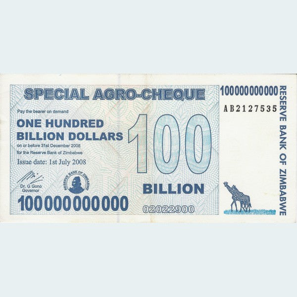 100 Billion Zimbabwe Agro Cheque ALMOST UNCIRCULATED / EXTRA FINE (AU/EF)