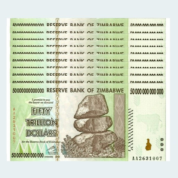 50 Trillion Zimbabwe Dollar Notes - 10 Pack