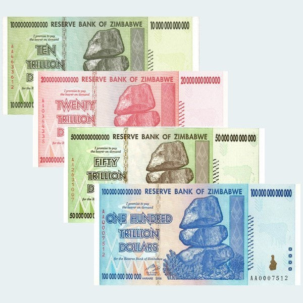 thumbnail interactive-video image 1 of Zimbabwe 100 Trillion Dollar & One Dollar Banknote Set – Genuine, Uncirculated AA 1 of 6