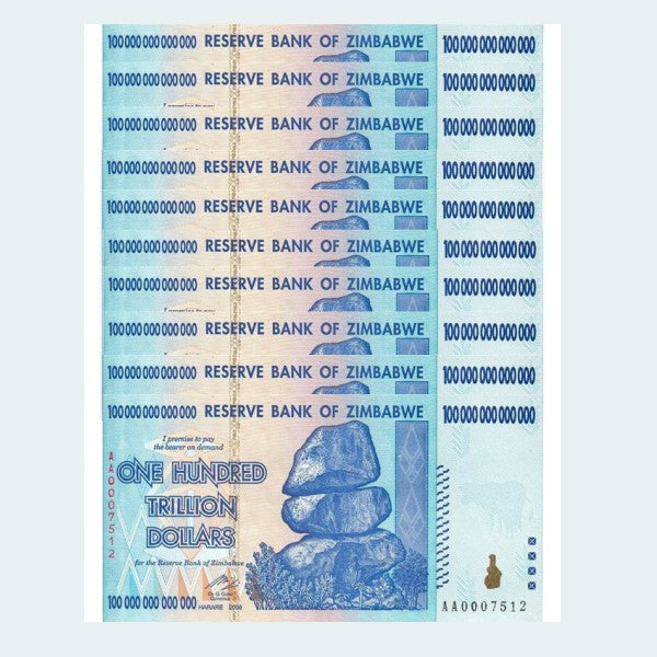 Quadrillionaire Special – 10 Pack of 100 Trillion Zimbabwe Notes